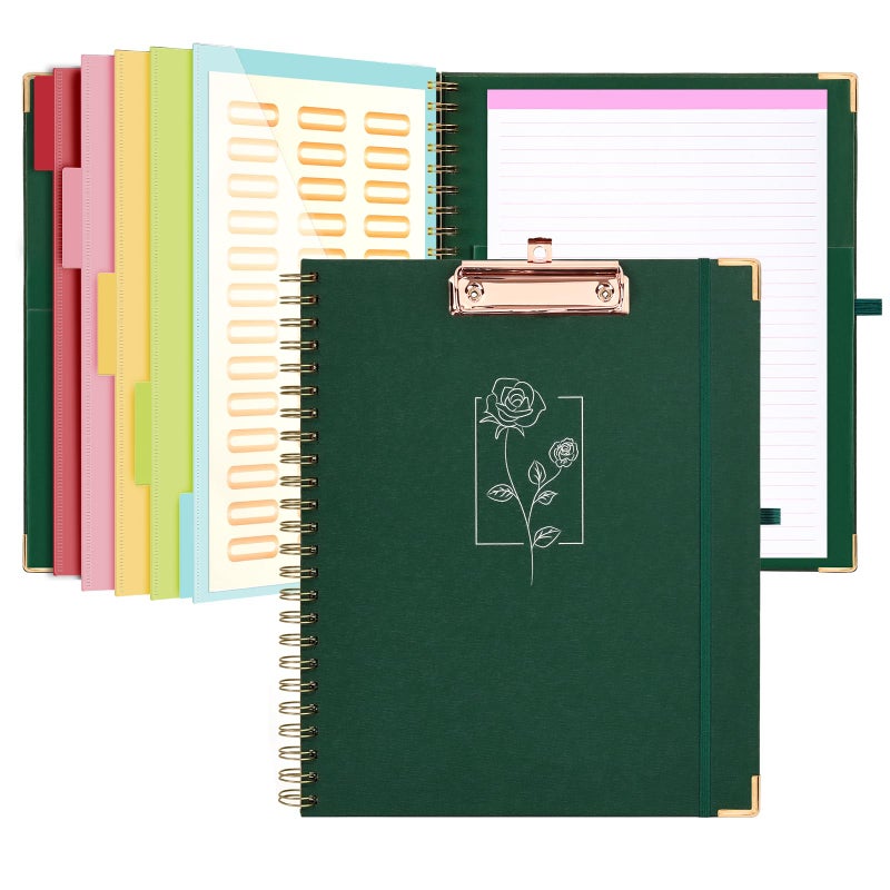 EYROZILL Clipboard with Storage  Clipboard Folio with Refillable Lined Notepad  Spiral Clipboards for Letter Size with 5 Folders and 10 Pockets  Cute Clip Board for Office  8.5'' x 11'' (Dark Green) - Image 1